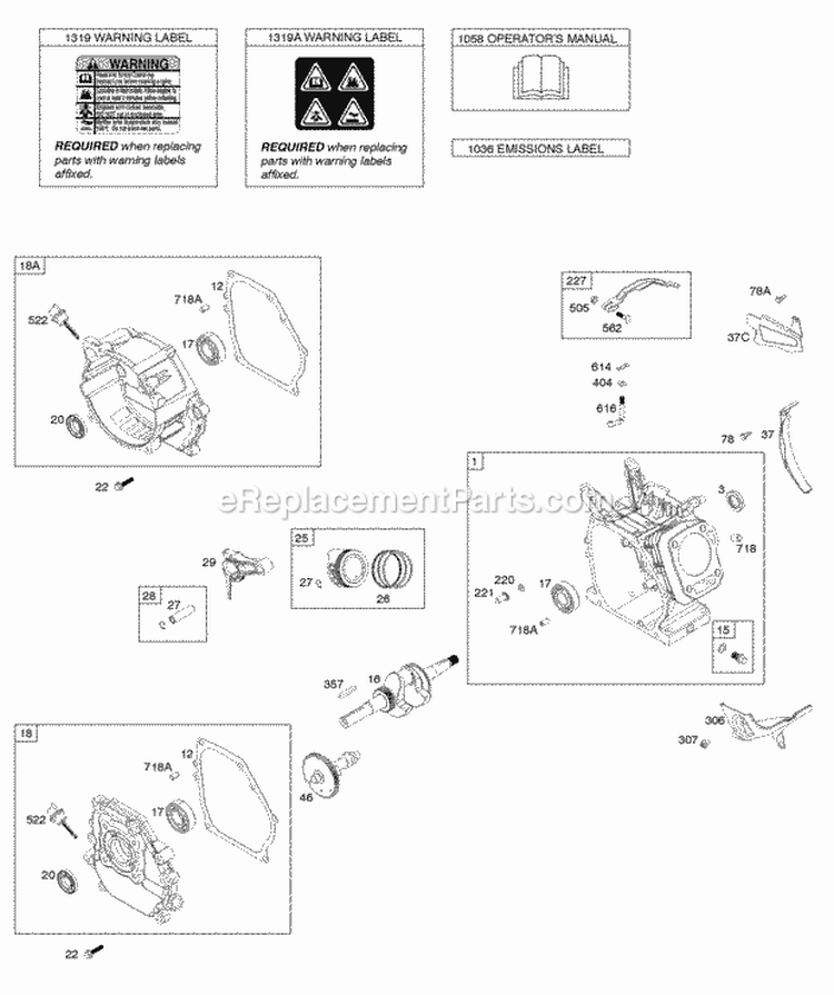 Camshaft Crankcase Cover Crankshaft Cylinder OperatorS Manual PistonRingsConnecting Rod Warning Label Diagram and Parts List for 106232-0116-H7  Briggs and Stratton Engine